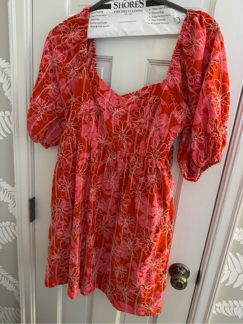 Joy Joy Red and Pink Embroidered Daisies Mini Dress with Puff Sleeves